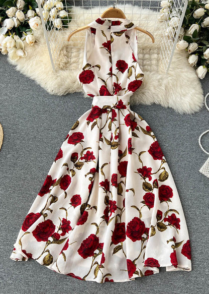 Apricot Zippered Print Chiffon Long Dress Sleeveless Tr049