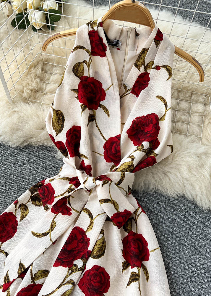 Apricot Zippered Print Chiffon Long Dress Sleeveless Tr049