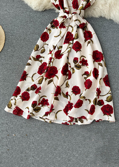 Apricot Zippered Print Chiffon Long Dress Sleeveless Tr049