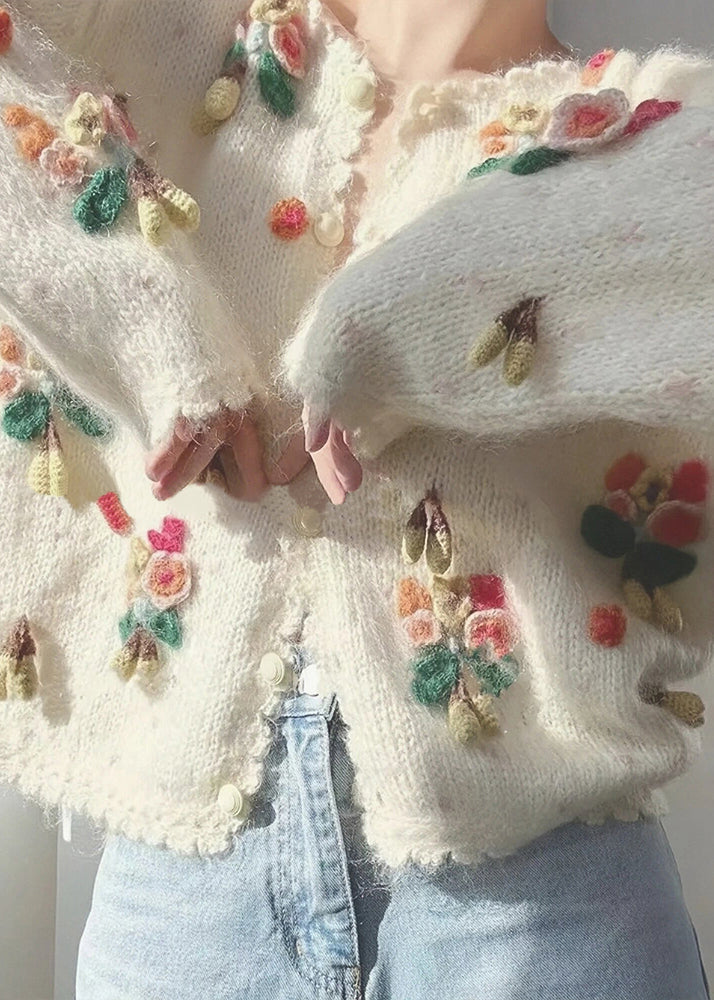 Beige V Neck Button Patchwork Knit Cardigan Winter Wx013