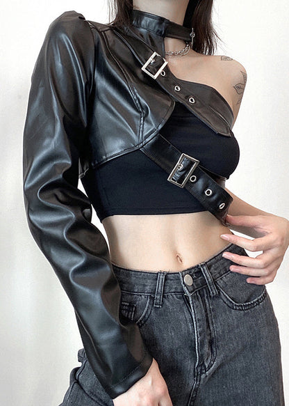 Faux Design Black Spring Leather Coats Original Asymmetrical