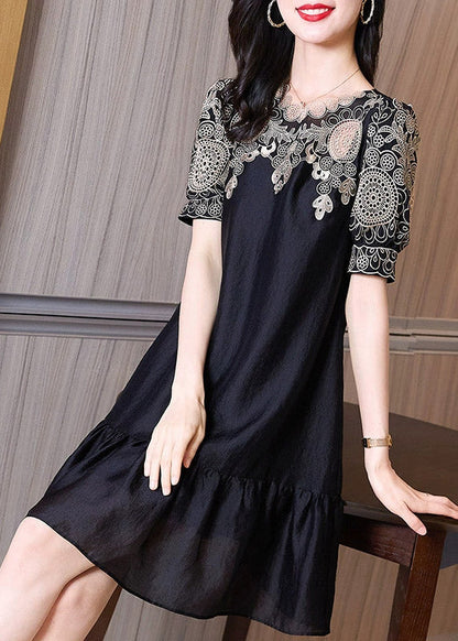 Black Embroideried O-neck Hollow Out Long Dresses Short Sleeve Ti1035