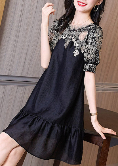 Black Embroideried O-neck Hollow Out Long Dresses Short Sleeve Ti1035