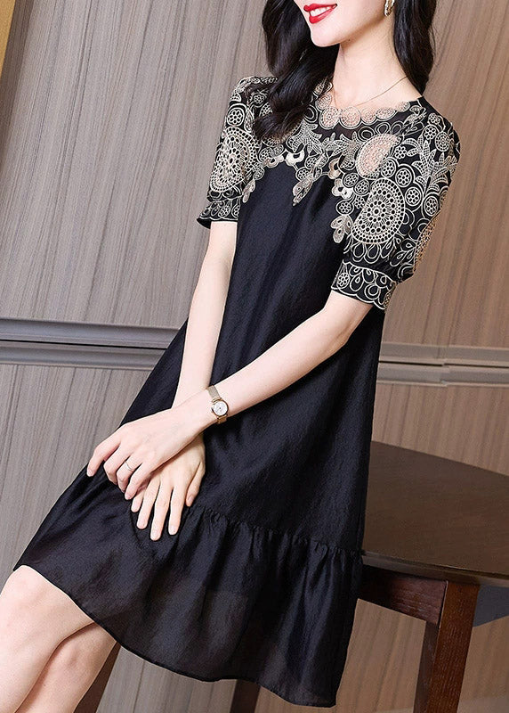 Black Embroideried O-neck Hollow Out Long Dresses Short Sleeve Ti1035