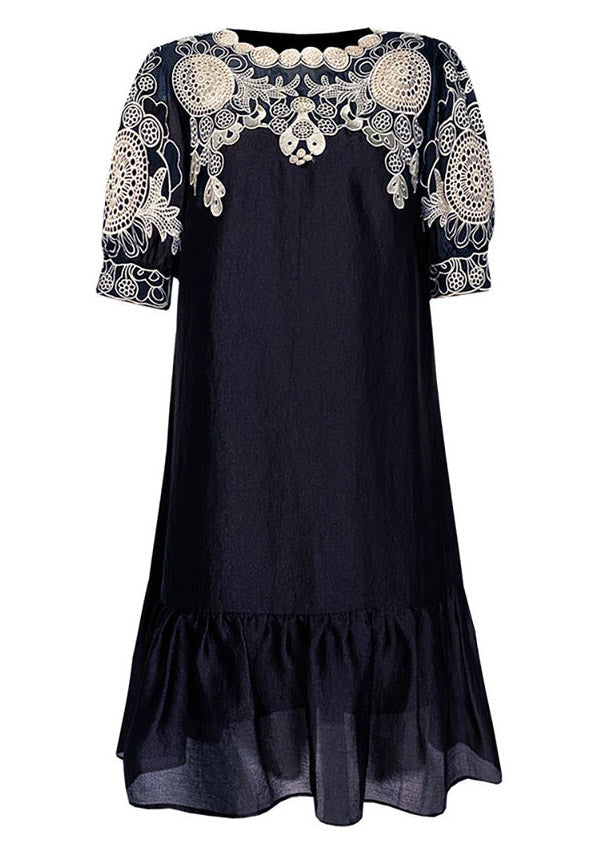 Black Embroideried O-neck Hollow Out Long Dresses Short Sleeve Ti1035