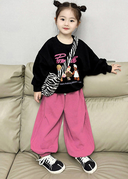 Black O-neck Kids Fleece Sweatshirt and Lantern Pants Two Pieces Set Spring Tr002