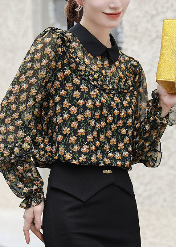 Black Peter Pan Collar Ruffles Patchwork Print Chiffon Blouses Spring Fr2004