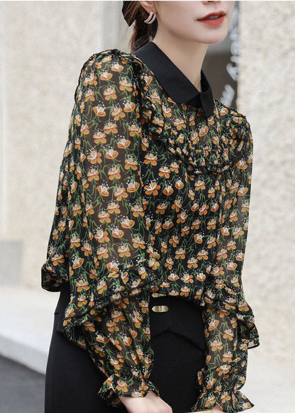 Black Peter Pan Collar Ruffles Patchwork Print Chiffon Blouses Spring Fr2004