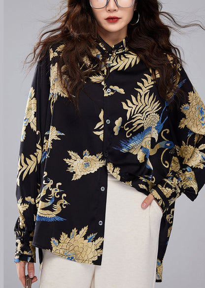 Black Stand Collar Button Print Silk Blouses Fall Ac1002