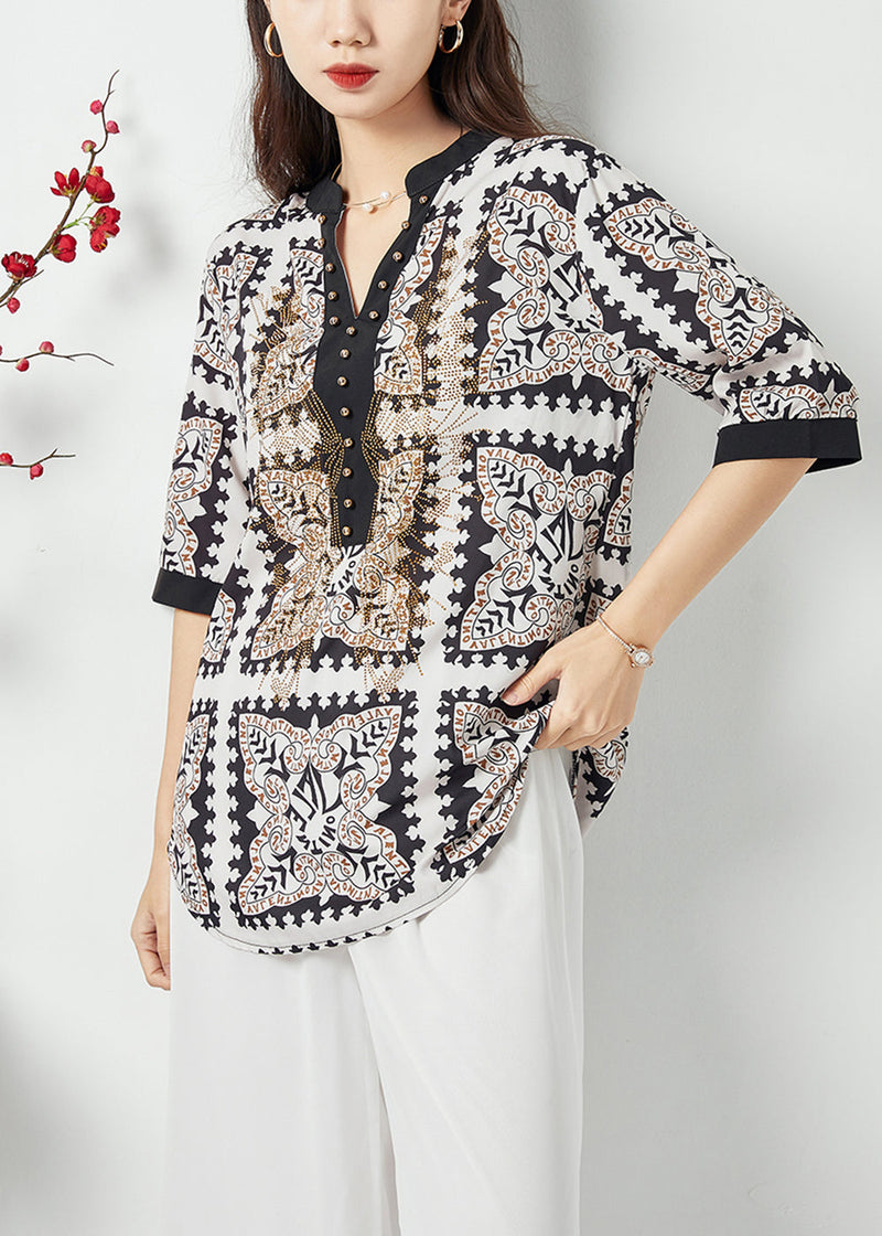 Black V Neck Print Draping Chiffon Blouses Summer Lc0400