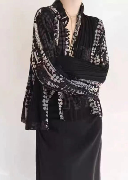 Black Wrinkled Patchwork Tulle Blouse Tops Fall Ru001