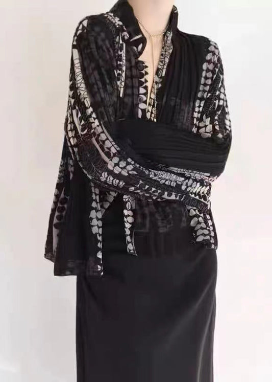 Black Wrinkled Patchwork Tulle Blouse Tops Fall Ru001