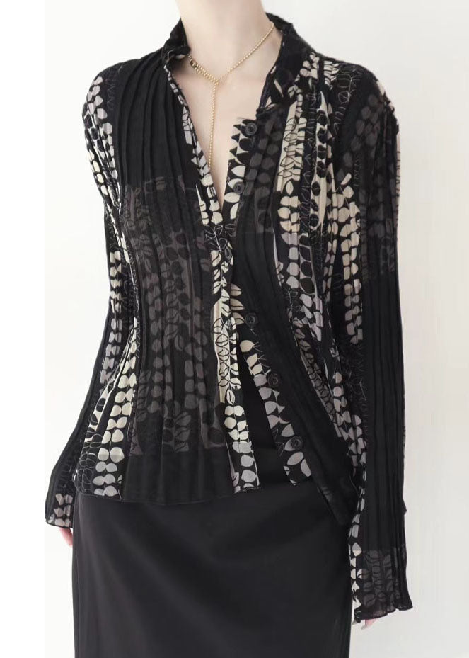 Black Wrinkled Patchwork Tulle Blouse Tops Fall Ru001