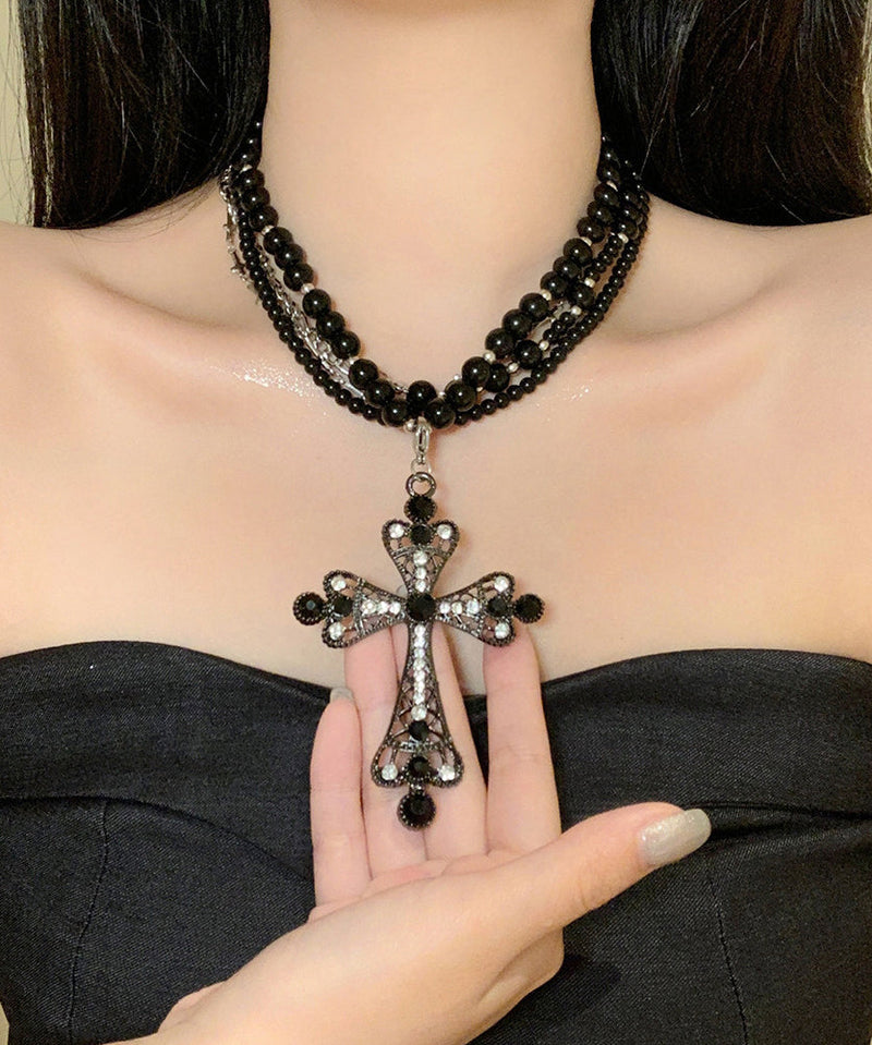 Black Zircon Cross Multilayer Beads Gratuated Bead Necklace