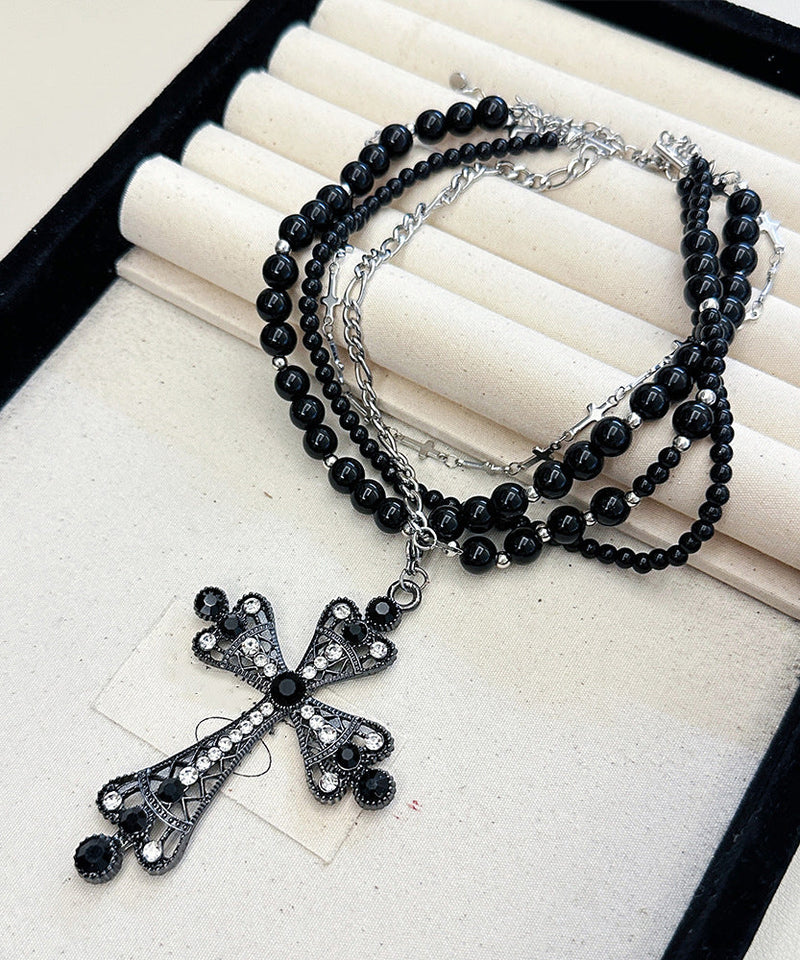 Black Zircon Cross Multilayer Beads Gratuated Bead Necklace