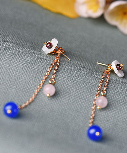 Blue Agate Shellfish Flower Tassel 14k Gold Drop Earrings