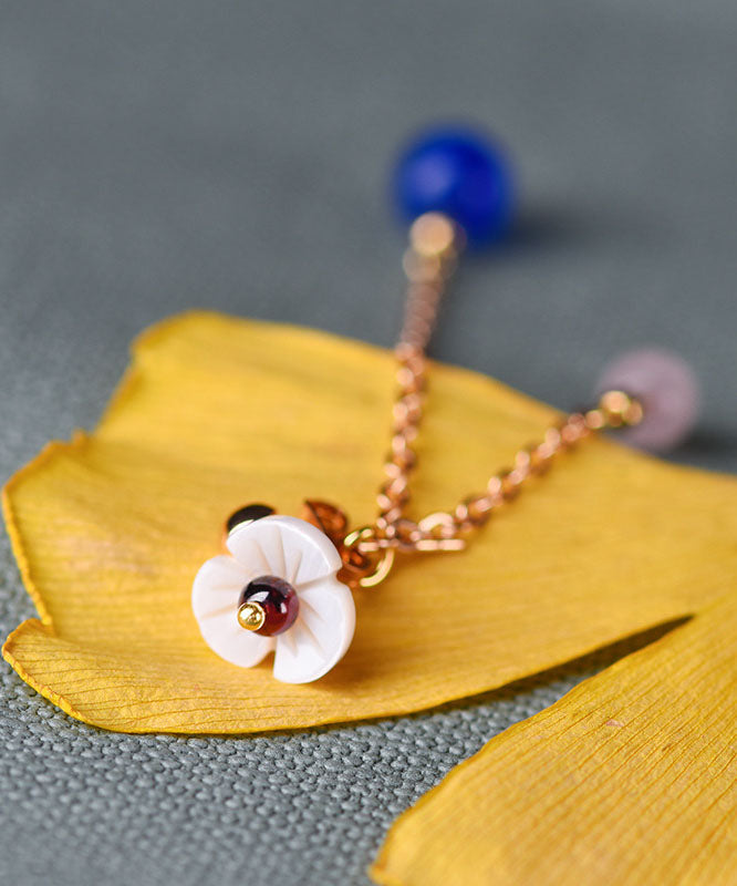 Blue Agate Shellfish Flower Tassel 14k Gold Drop Earrings
