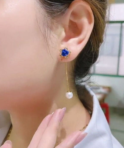 Blue Alloy Zircon Pearl Tassel Drop Earrings