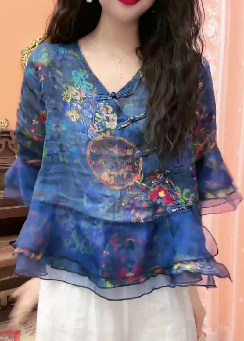 Blue Button Print Tulle Patchwork Blouses Flare Sleeve Gh1052
