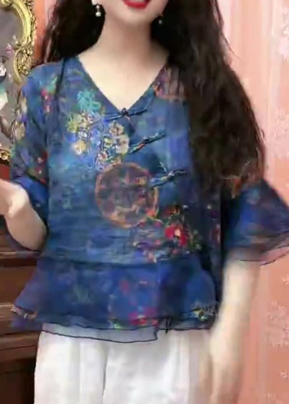 Blue Button Print Tulle Patchwork Blouses Flare Sleeve Gh1052
