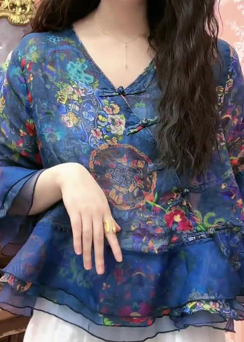 Blue Button Print Tulle Patchwork Blouses Flare Sleeve Gh1052