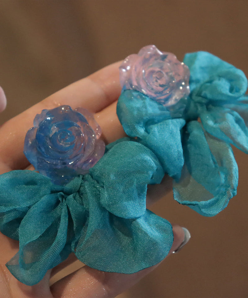 Patchwork Hoop Blue Bow Resin Chiffon Earrings