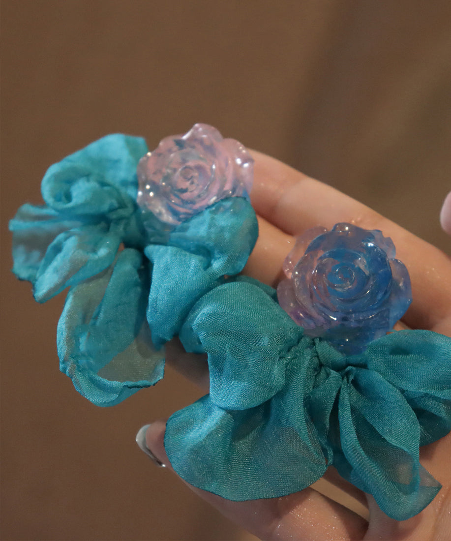Patchwork Hoop Blue Bow Resin Chiffon Earrings