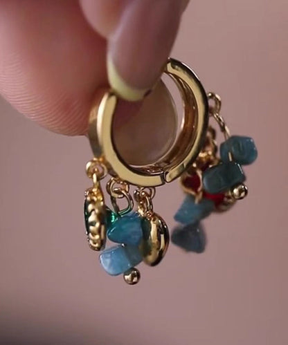 Blue Copper Overgild Asymmetrical Natural Stone Hoop Earrings