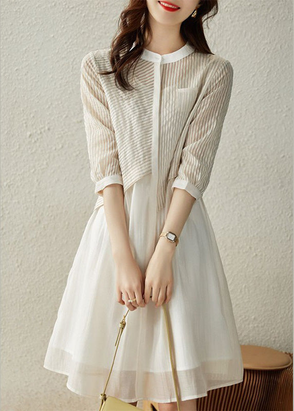 Blue O-neck Striped Patchwork Fake Two Pieces Button Long Dress Summer Ly1757