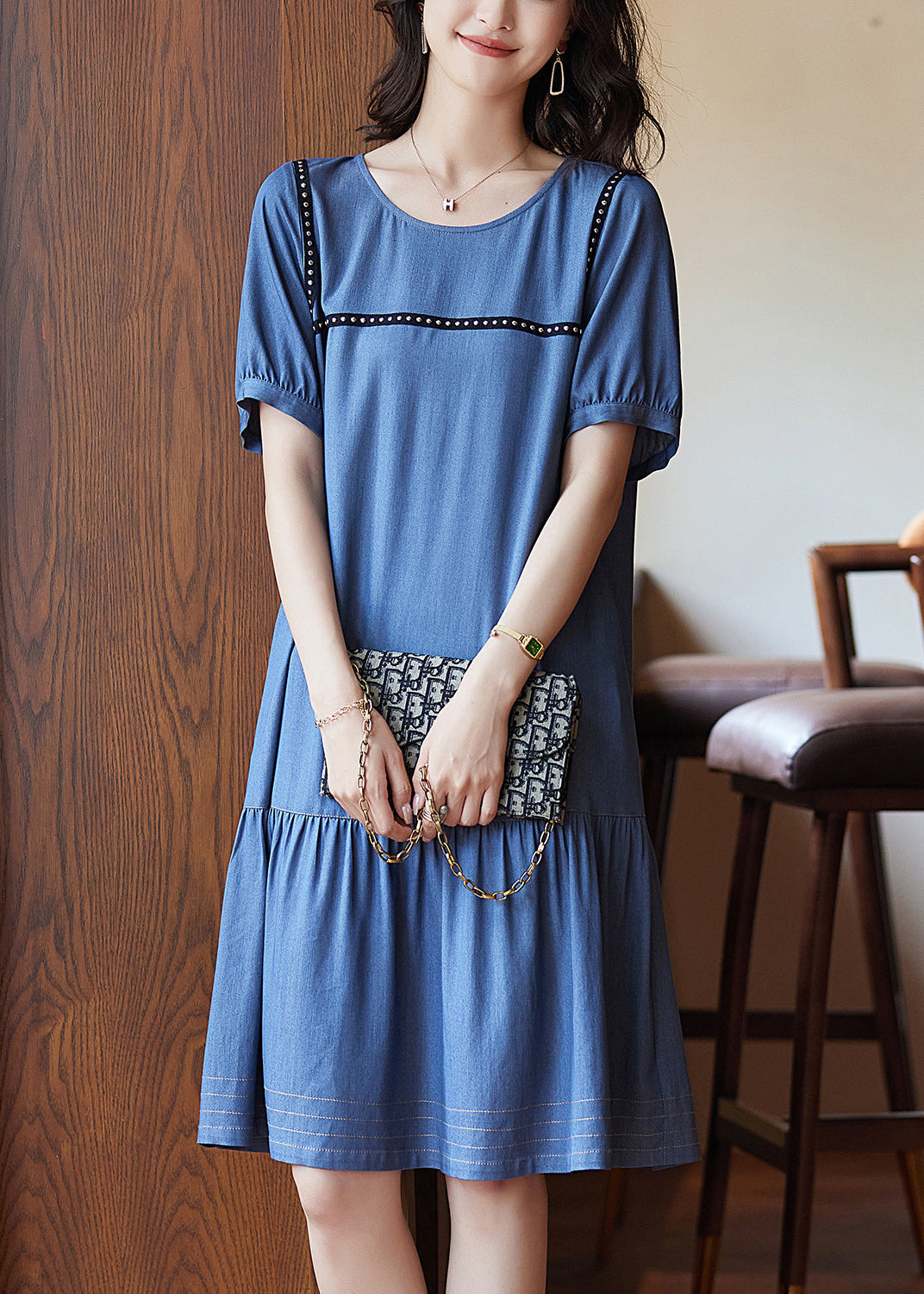 Blue Patchwork Rivet Holiday Long Dress Summer Ww050