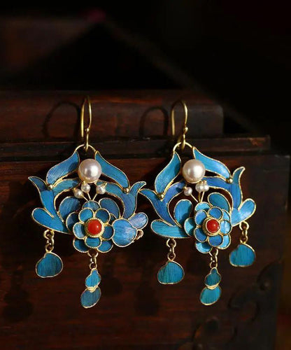 Blue Pearl Tassel Cloisonne Hoop Earrings