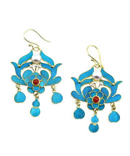 Blue Pearl Tassel Cloisonne Hoop Earrings