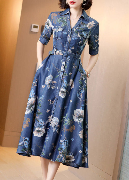 Blue Peter Pan Collar Print Button Sashes Denim Long Dress Short Sleeve Ac2046