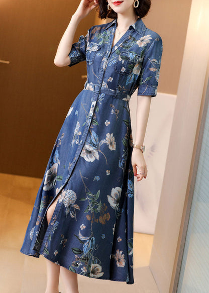 Blue Peter Pan Collar Print Button Sashes Denim Long Dress Short Sleeve Ac2046