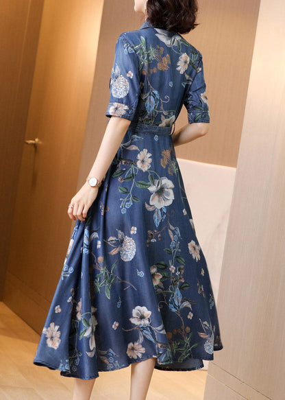 Blue Peter Pan Collar Print Button Sashes Denim Long Dress Short Sleeve Ac2046