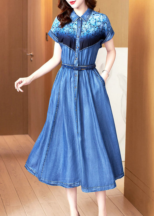Blue Peter Pan Collar Print Patchwork Button Sashes Cotton Vacation Denim Long Dresses Summer Ac2034