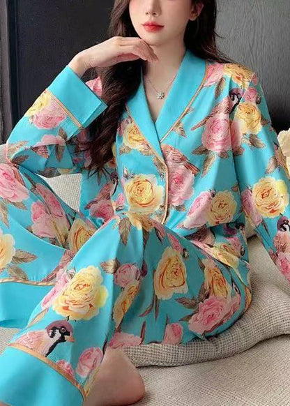 Blue Roses Print Blouses and Pants Ice Silk Pajamas Two Pieces Set Spring Yk021