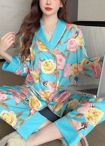 Blue Roses Print Blouses and Pants Ice Silk Pajamas Two Pieces Set Spring Yk021