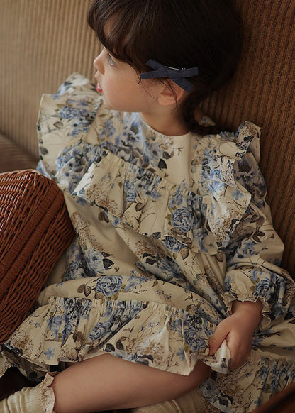 Blue Ruffled Patchwork Kids Vacation Long Dresses Fall Ss1045