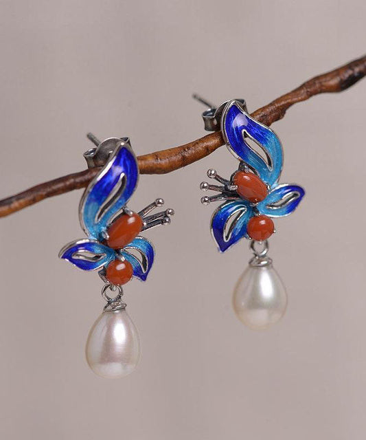 Blue Sterling Silver Cloisonne Jade Pearl Butterfly Stud Earrings Tw1052
