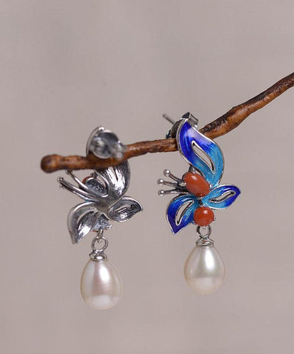 Blue Sterling Silver Cloisonne Jade Pearl Butterfly Stud Earrings Tw1052