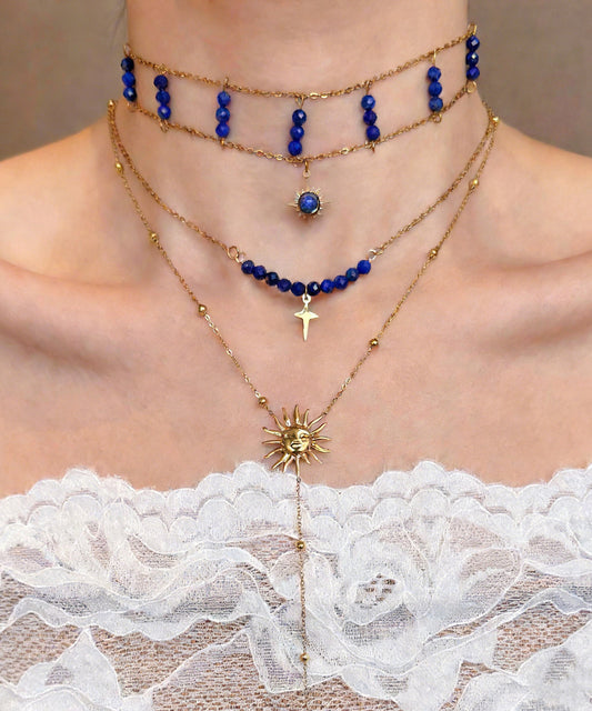 Blue Wenshixing Solar Tassel Layering Alloy Three Piece Set Pendant Necklace