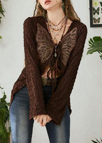 Up Cotton Patchwork Lace Cardigan Brown Knitting Butterfly