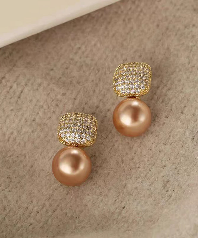 Champagne Copper Overgild Zircon Pearl Stud Earrings