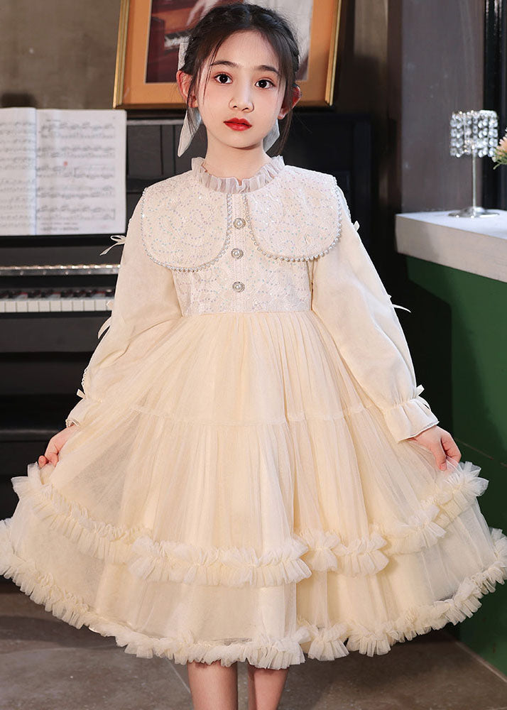 Champagne Ruffled Patchwork Button Tulle Maxi Dress Long Sleeve Qv021