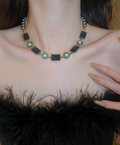 Colorblock Alloy Pearl Zircon Collar Necklace