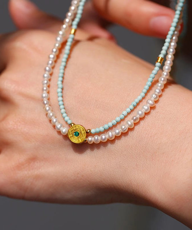 Colorblock Alloy Turquoise Pearl Double Layer Beading Gratuated Bead Necklace Wo001