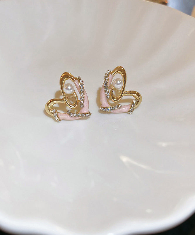 Colorblock Alloy Zircon Pearl Love Drip Glaze Stud Earrings