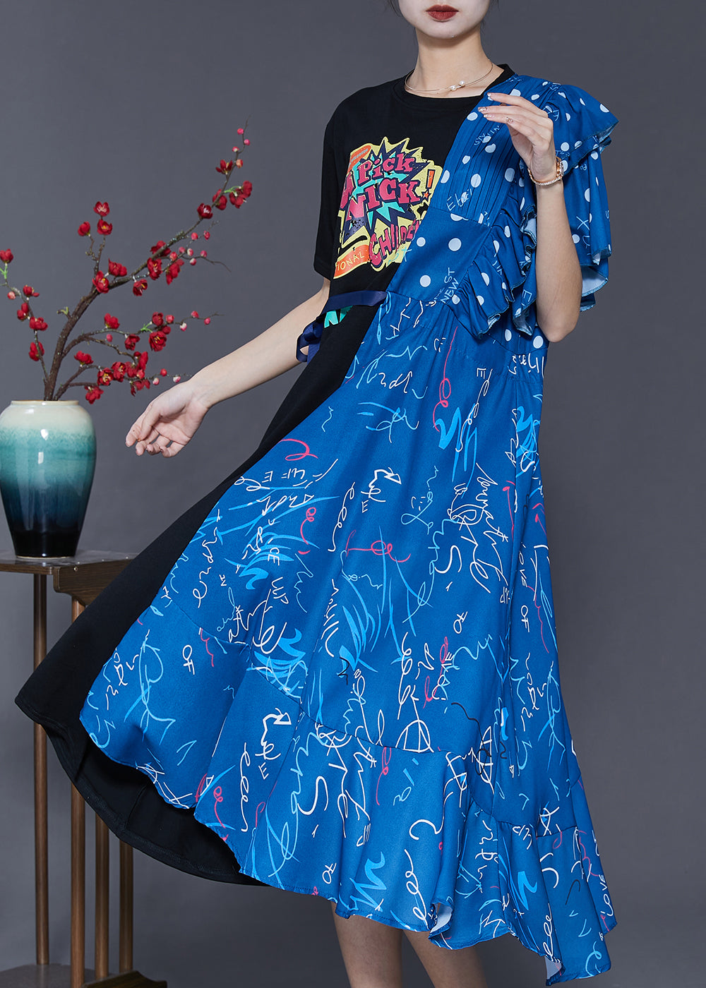 Colorblock Asymmetrical Patchwork Cotton Long Dress Summer Sd1077