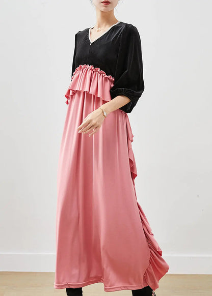 Ruffled Silk Velour Long Dress Fall